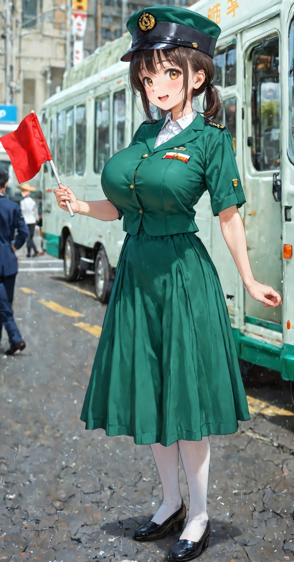 緑の制服のバスガイドさん