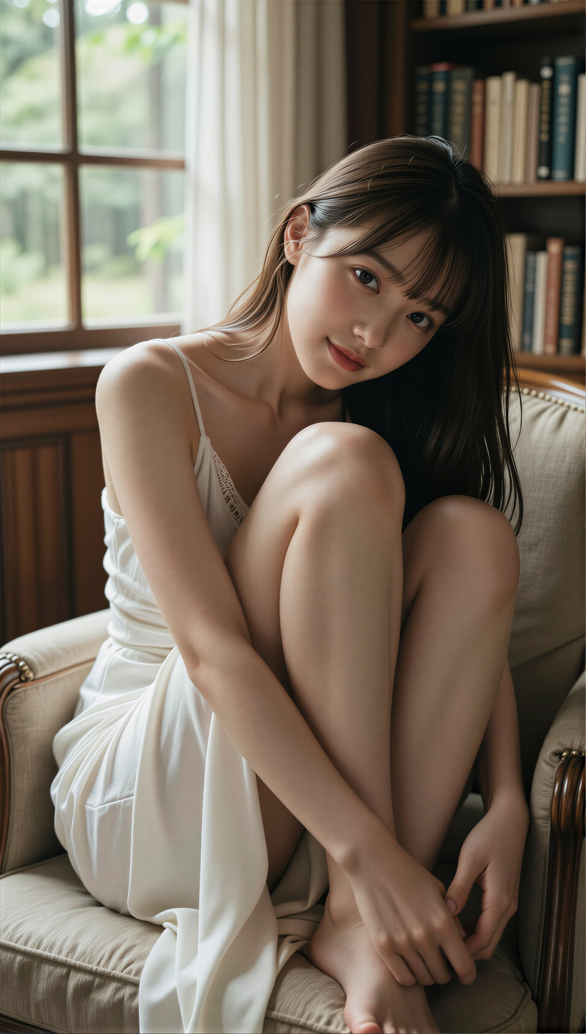 白いドレスと本棚