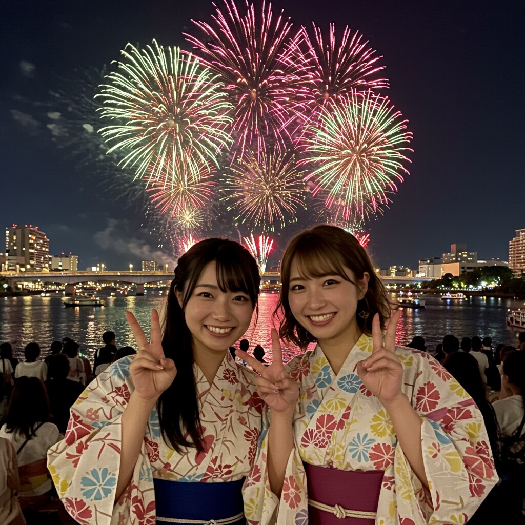 浴衣美人と花火