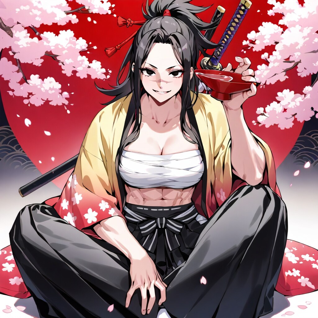 桜の木の下で酒を飲む女浪人