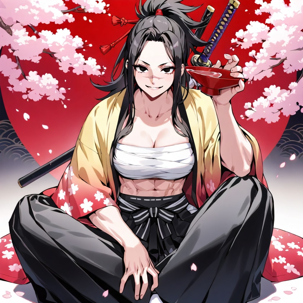 桜の木の下で酒を飲む女浪人