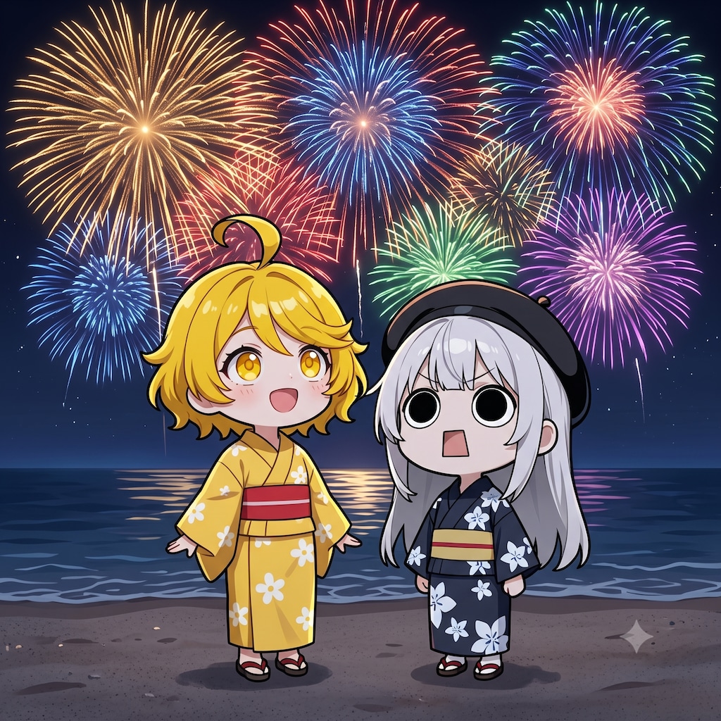 ユイさんと海の花火を楽しむえらいこっちゃ嬢