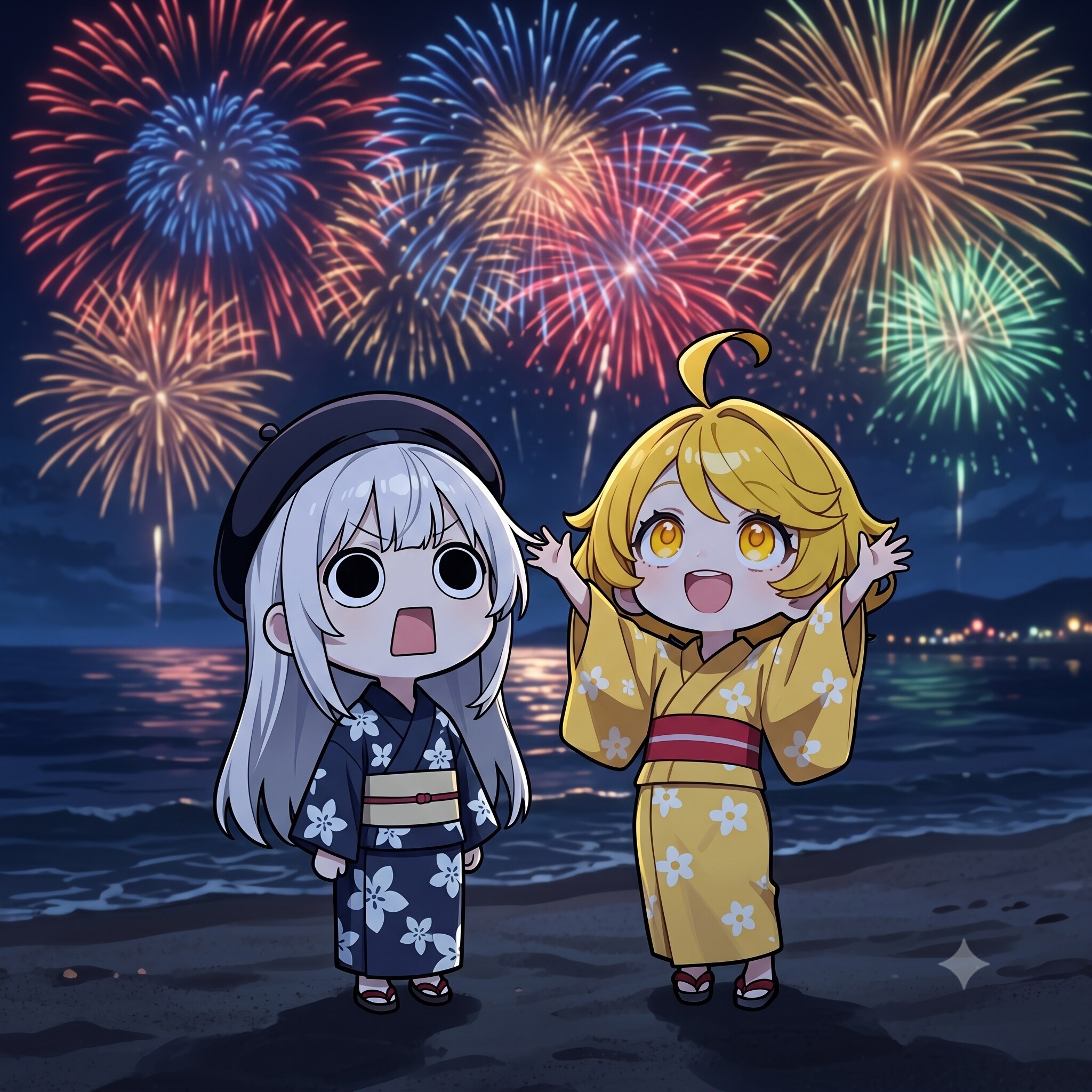 ユイさんと海の花火を楽しむえらいこっちゃ嬢