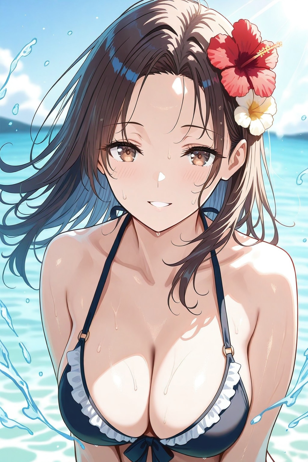 セミロングのブラックビキニ美女