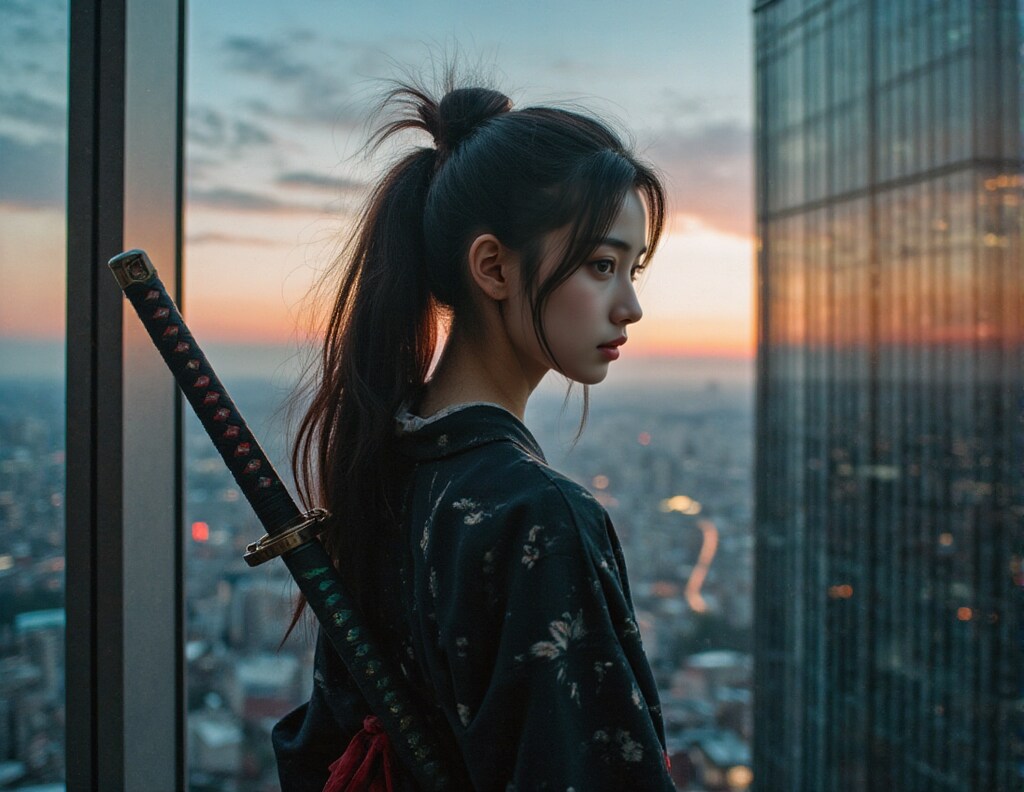 摩天楼にタイムスリップしてしまった女剣士