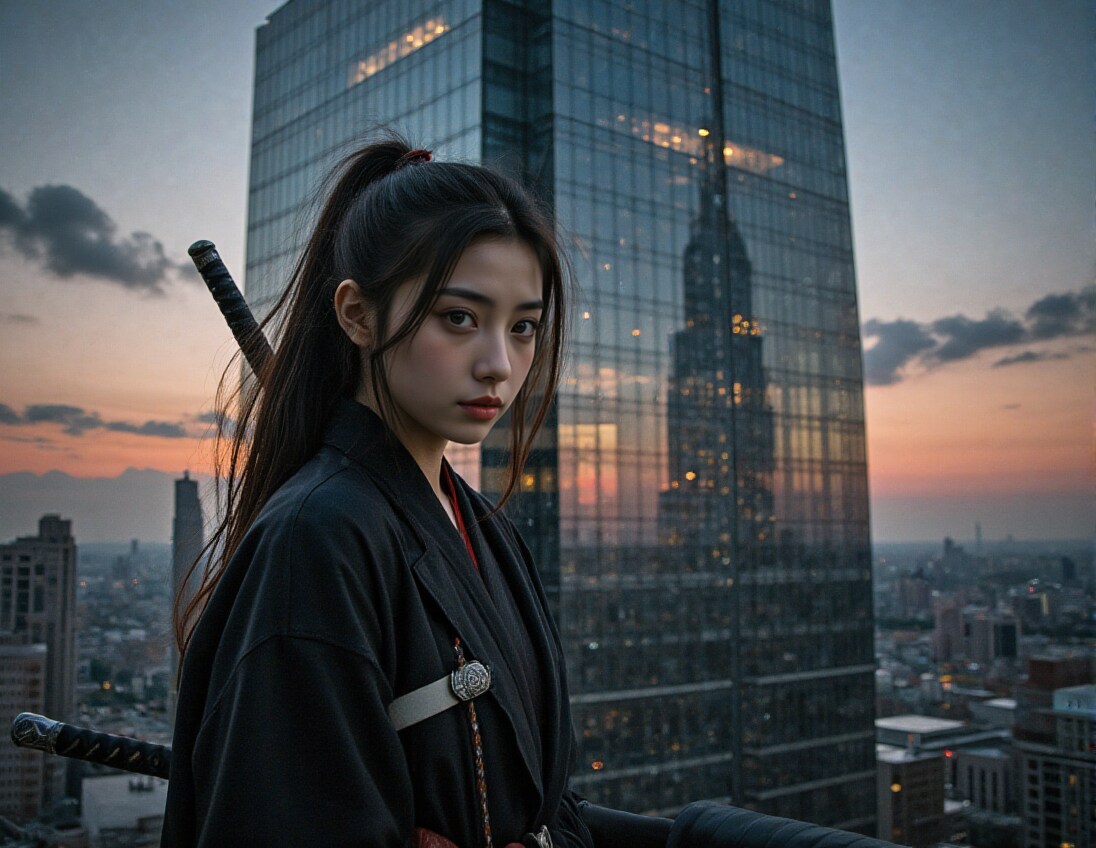 摩天楼にタイムスリップしてしまった女剣士
