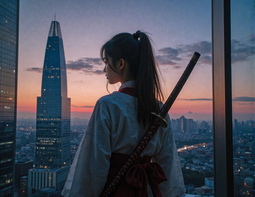 摩天楼にタイムスリップしてしまった女剣士