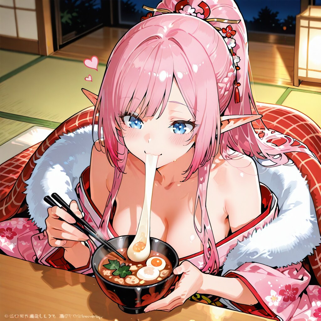 お汁粉？を食べるエルフ女の子