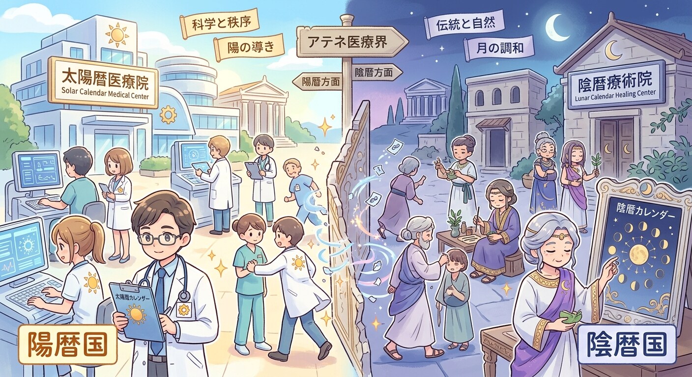アテネの医療界もどの分野も陽暦国と陰暦国と別々で縁切りたい放題。ソーラーカレンダーの地域とルナーカレンダーの地域が連絡取られない。 | の人気AIイラスト・グラビア