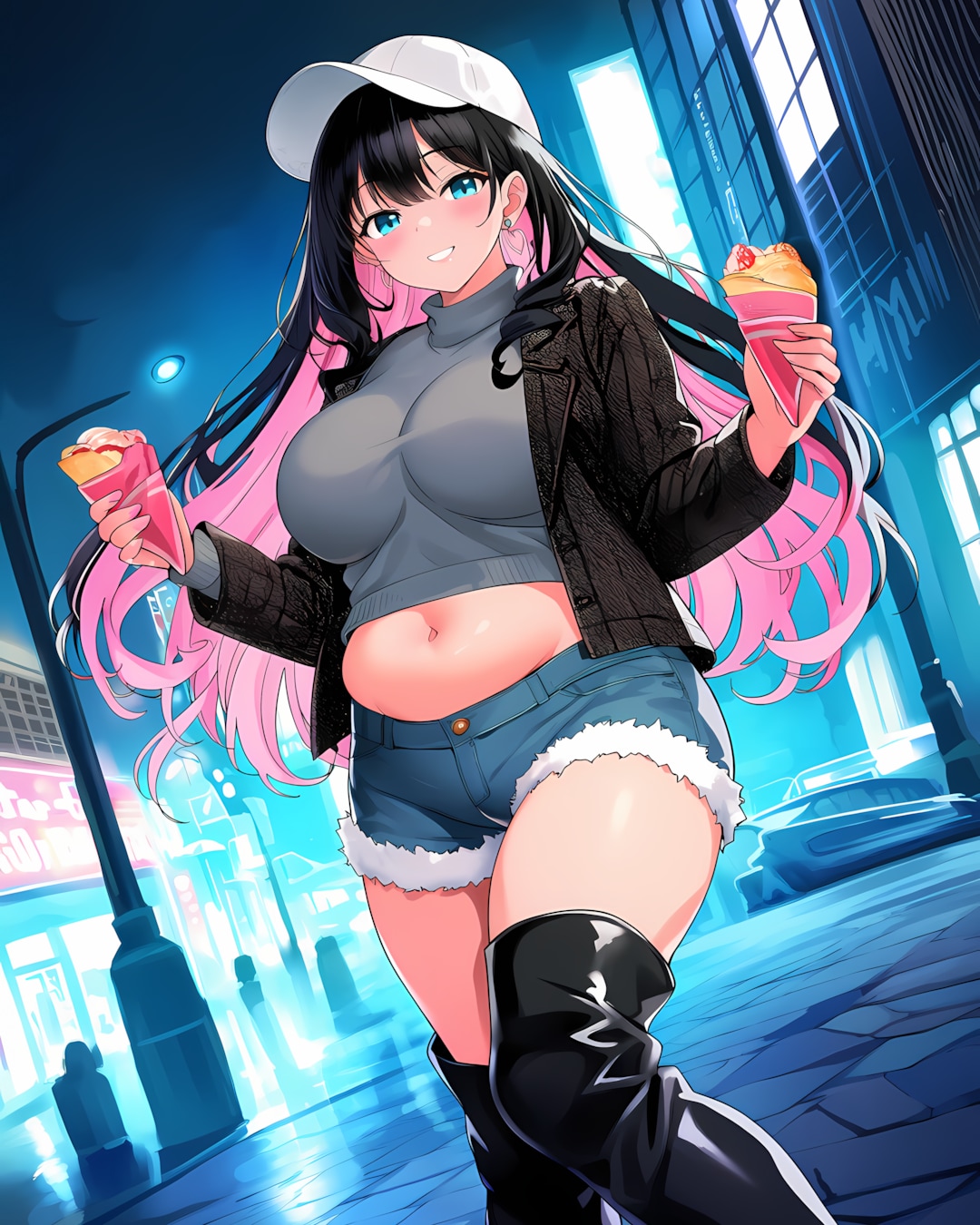 🍓夜の街角でクレープ✨元気いっぱいなリナちゃん | の人気AIイラスト・グラビア