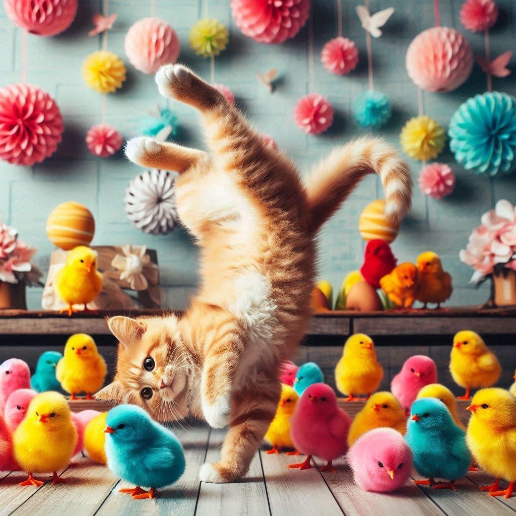 ひよこに囲まれる猫