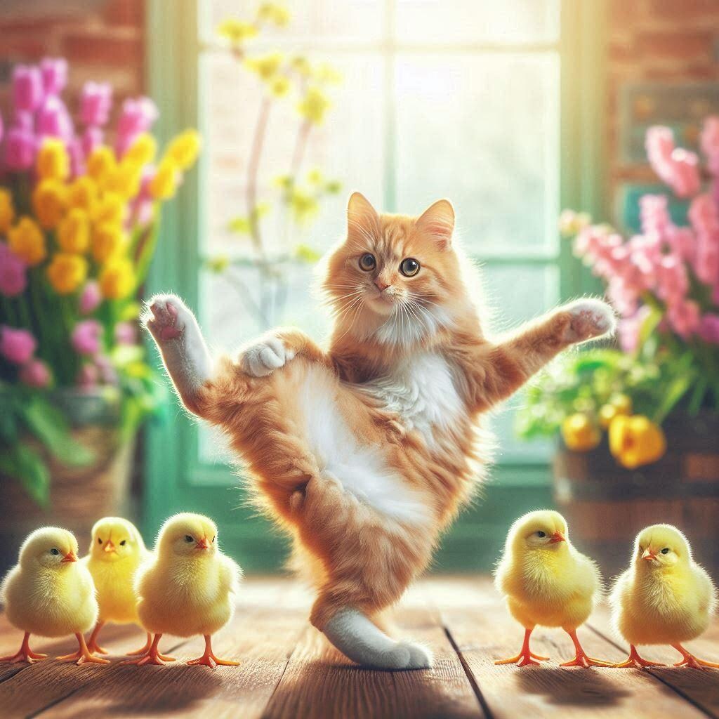 ひよこに囲まれる猫