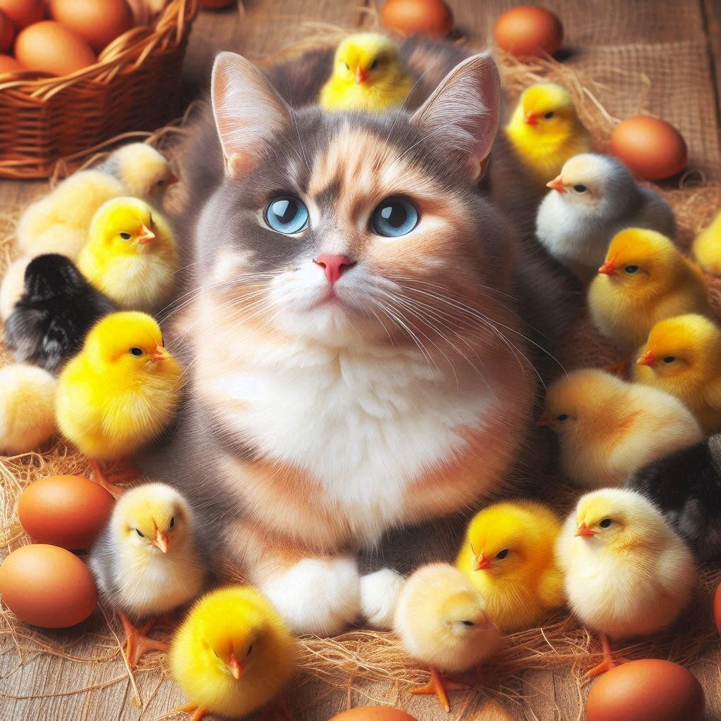 ひよこに囲まれる猫