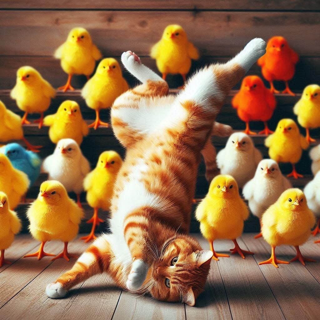 ひよこに囲まれる猫