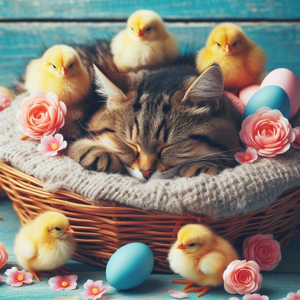 ひよこに囲まれる猫