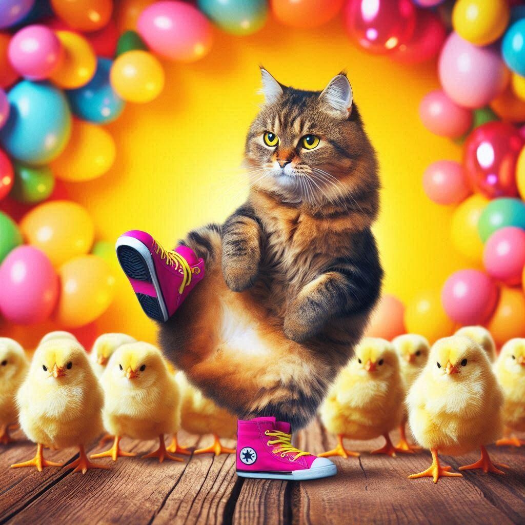 ひよこに囲まれる猫