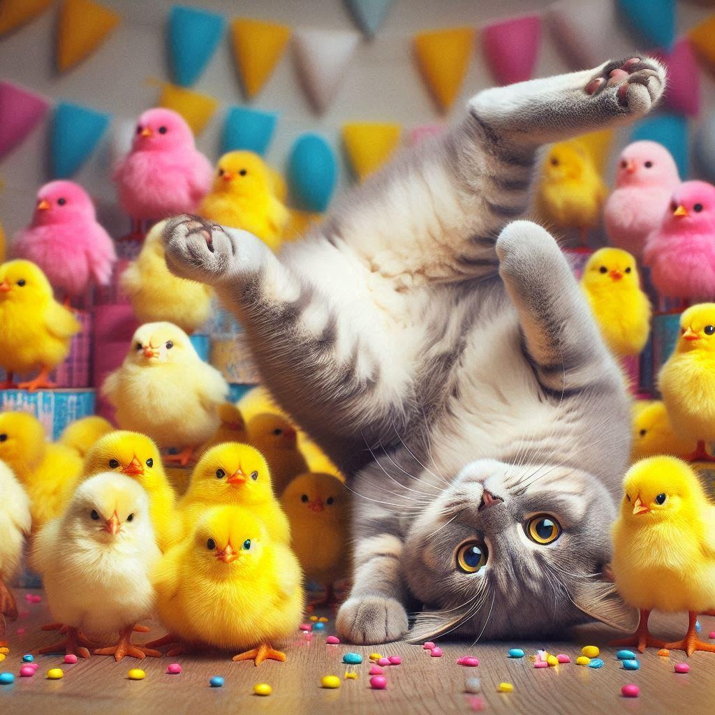 ひよこに囲まれる猫