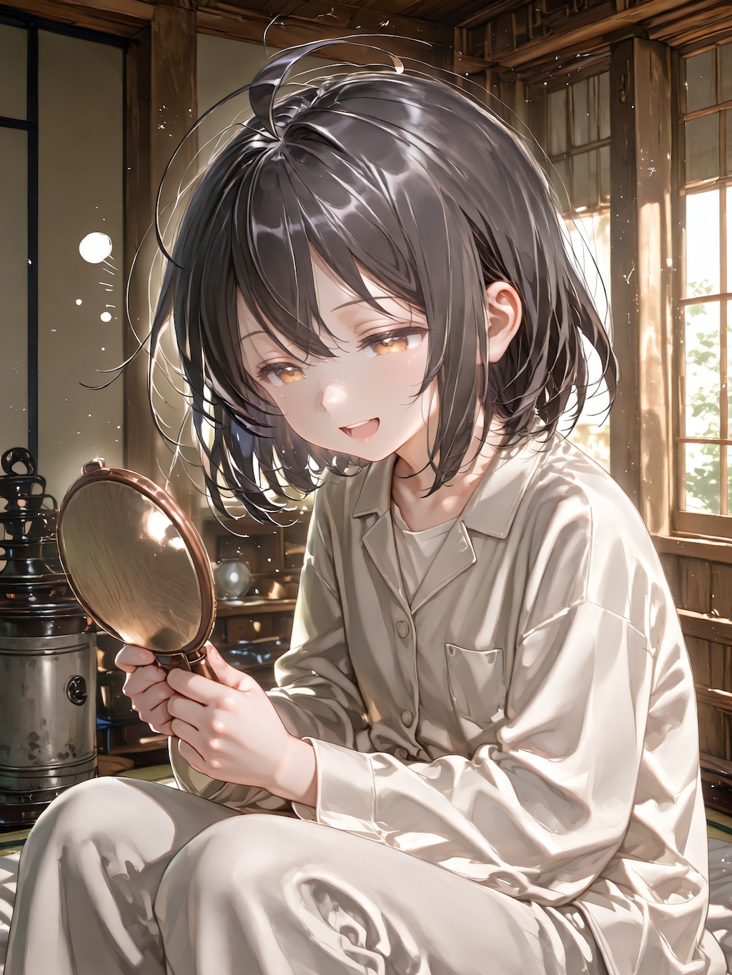 自分の寝ぐせに思わず笑ってしまうおんなのこ