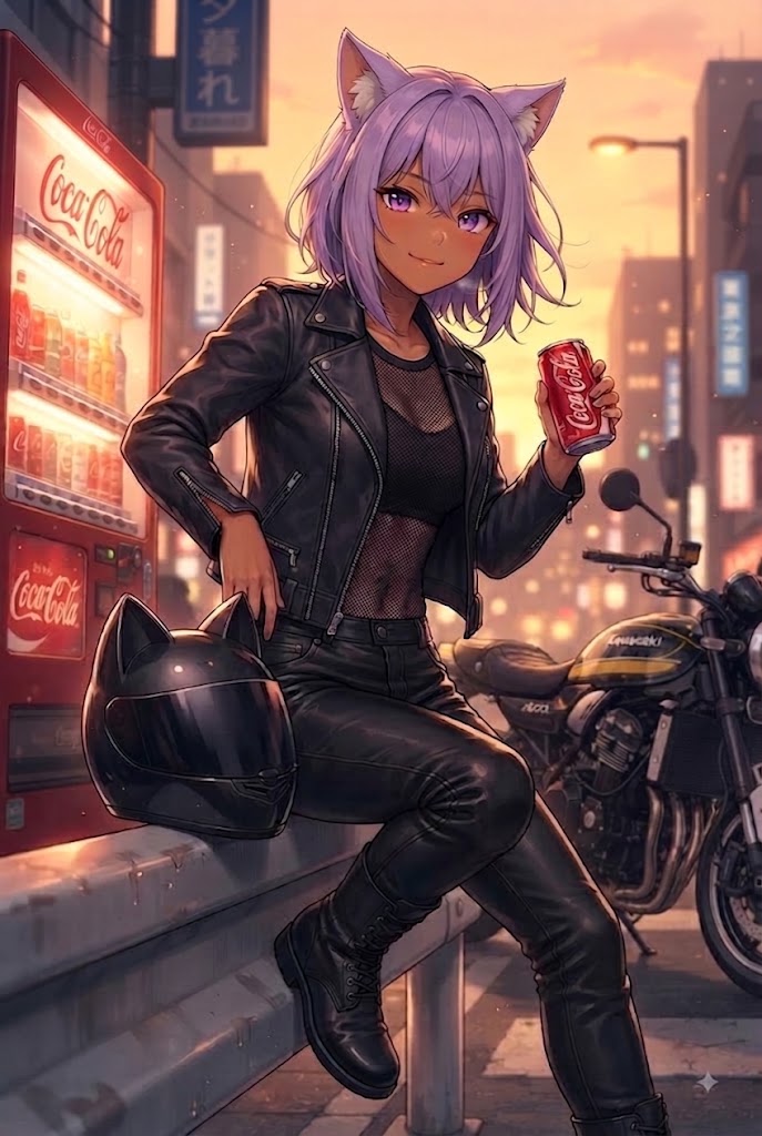 街乗りでコーラを飲んで一休みするライダースーツの日焼けシス | の人気AIイラスト・グラビア
