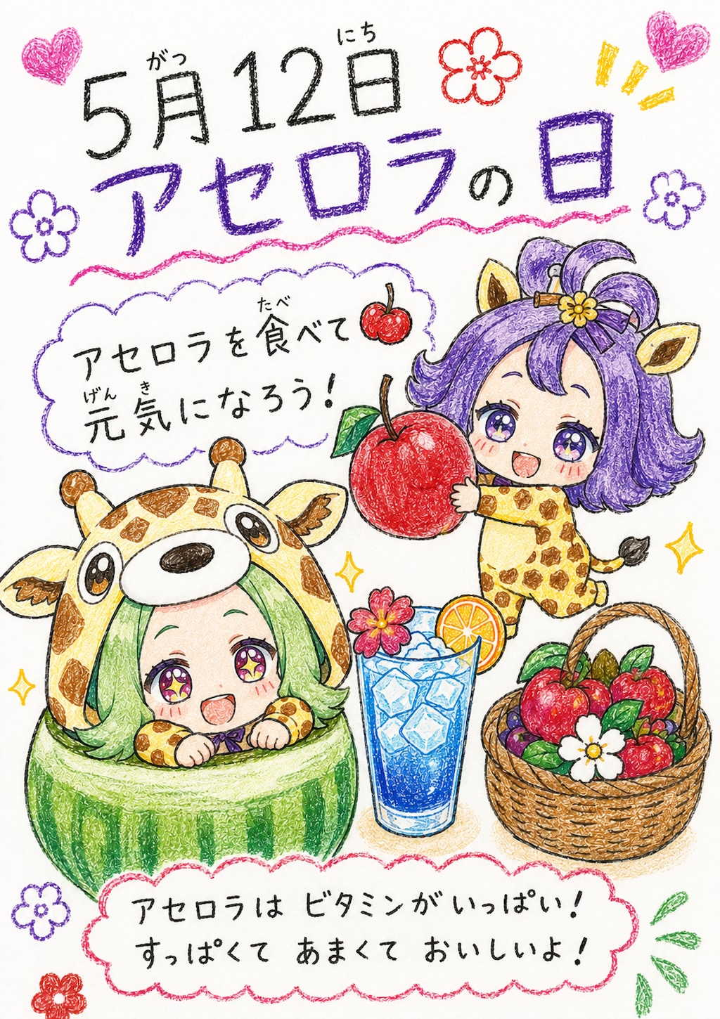 南国フルーツを楽しむキリン着ぐるみちび子ちゃん