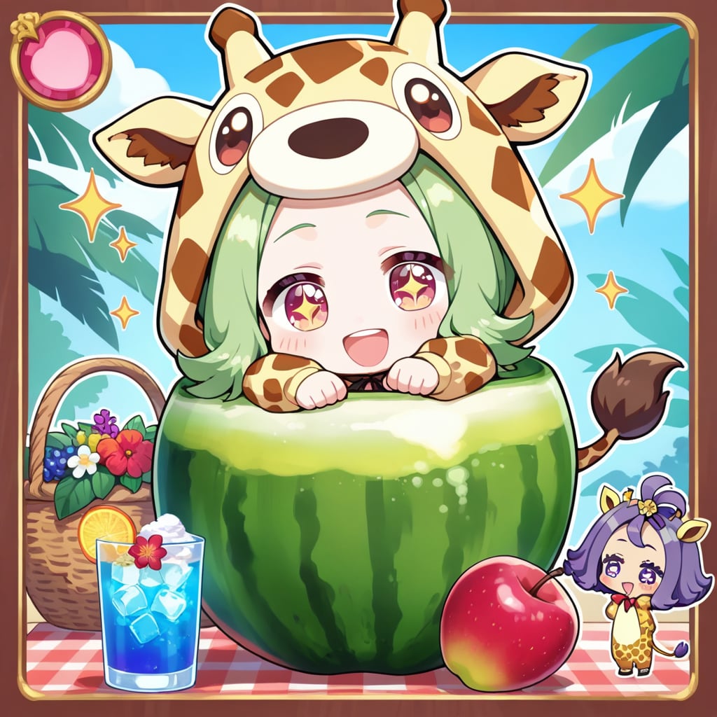 南国フルーツを楽しむキリン着ぐるみちび子ちゃん