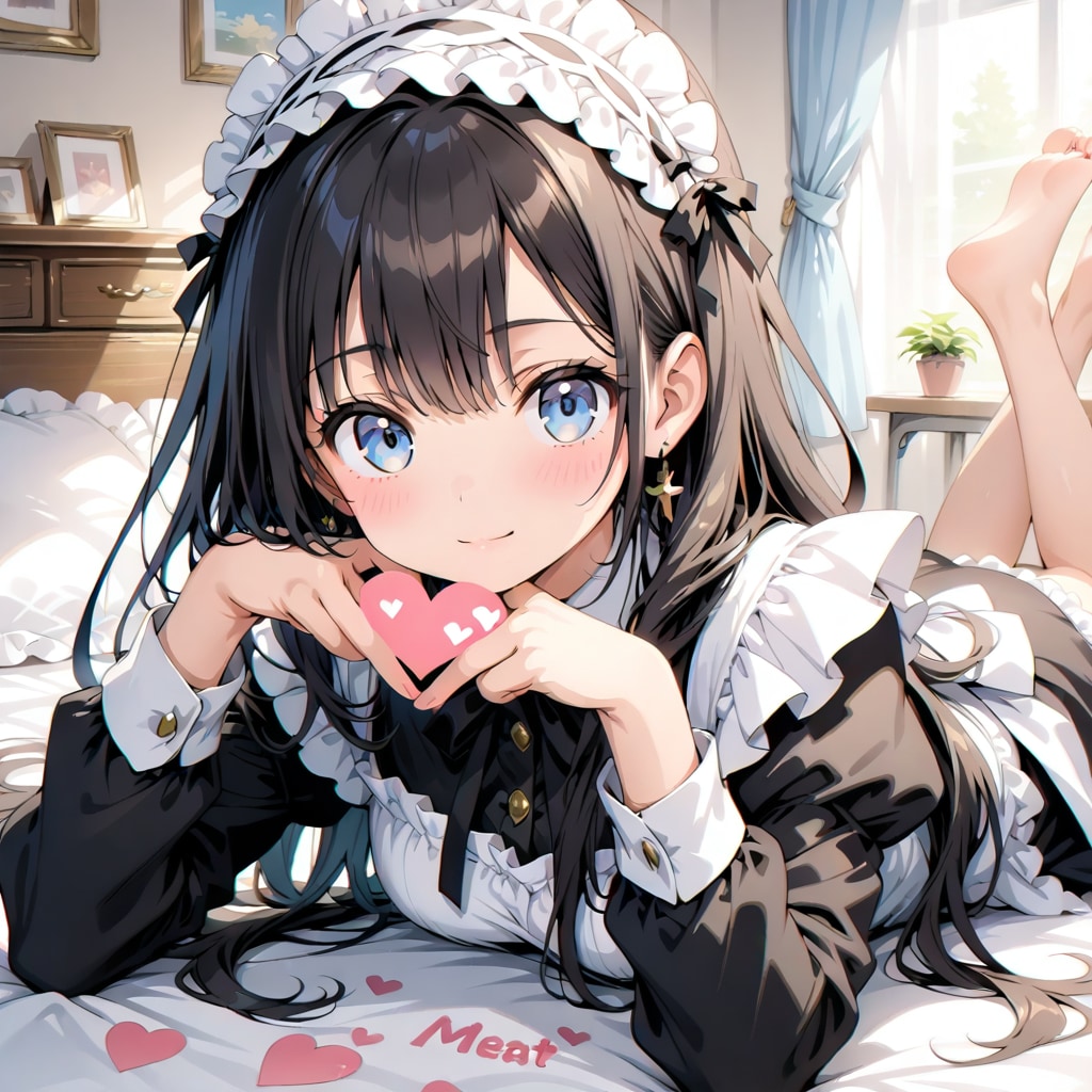 メイドさんベッドに寝転んでハート | の人気AIイラスト・グラビア