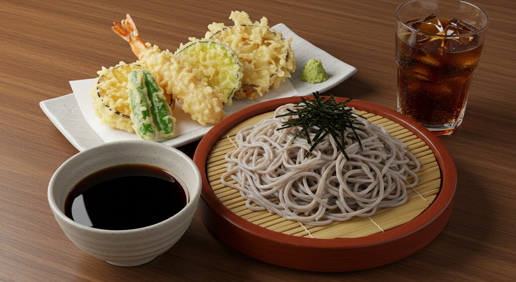 摩訶不思議食堂のざるそばと天麩羅のセット