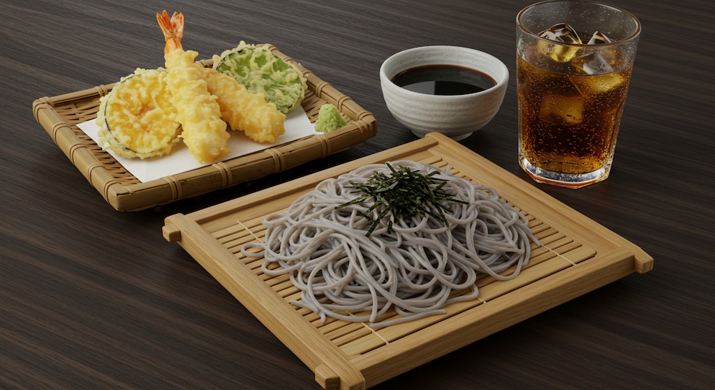摩訶不思議食堂のざるそばと天麩羅のセット
