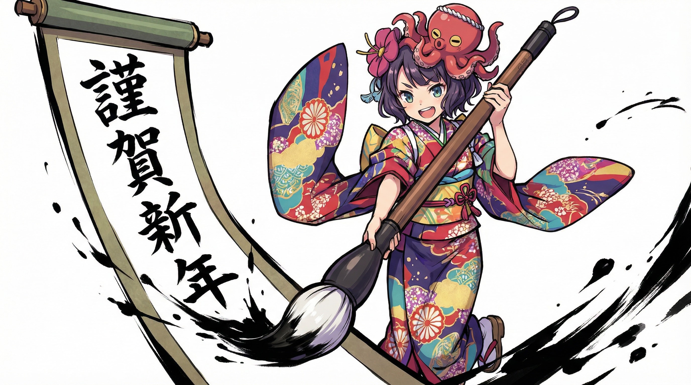 白背景で書き初めする北斎ちゃん | の人気AIイラスト・グラビア