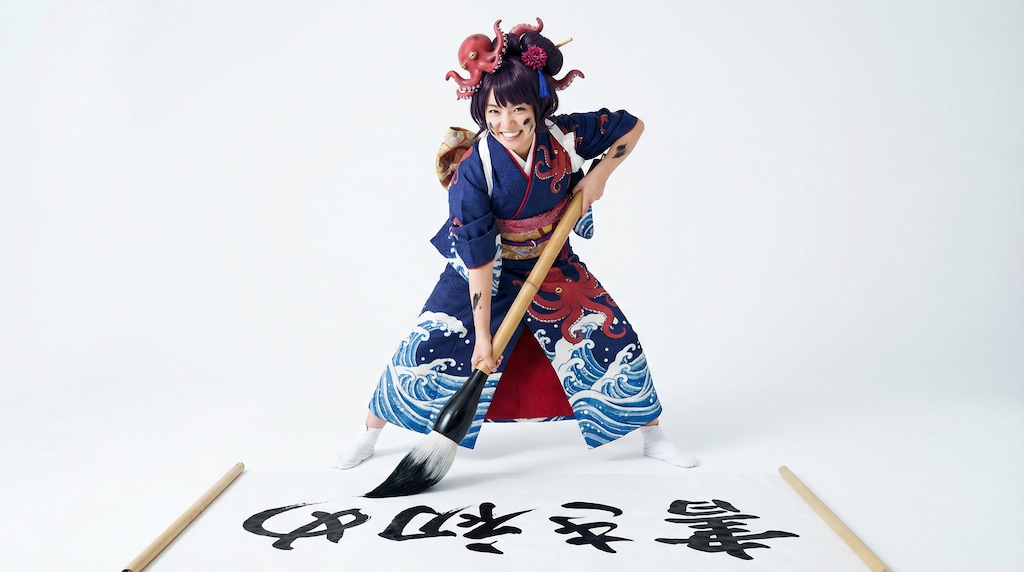 白背景で書き初めする北斎ちゃん