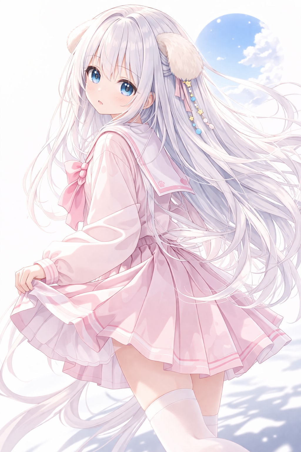 しゃがみこみ、見上げる