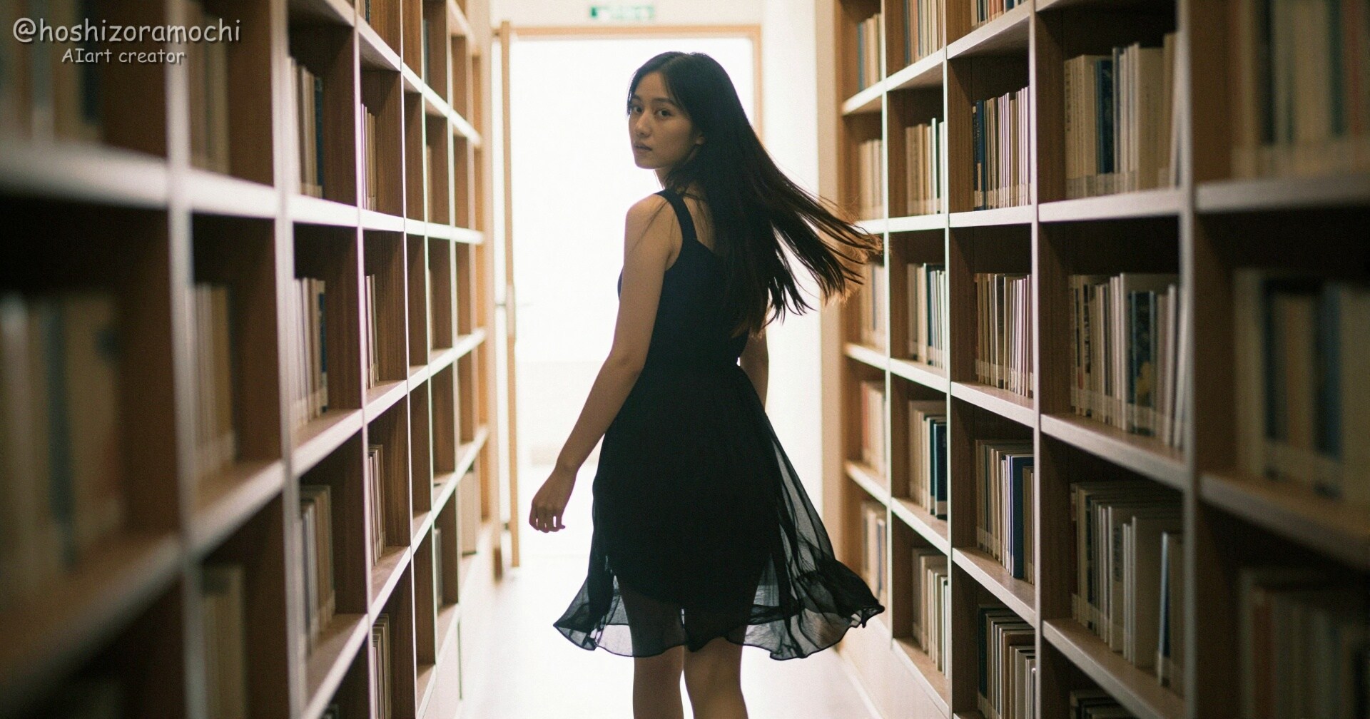 本の香りと光が交差する通路、ふと振り返る秘密の図書室での出会い📚✨
