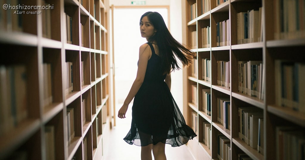 本の香りと光が交差する通路、ふと振り返る秘密の図書室での出会い📚✨