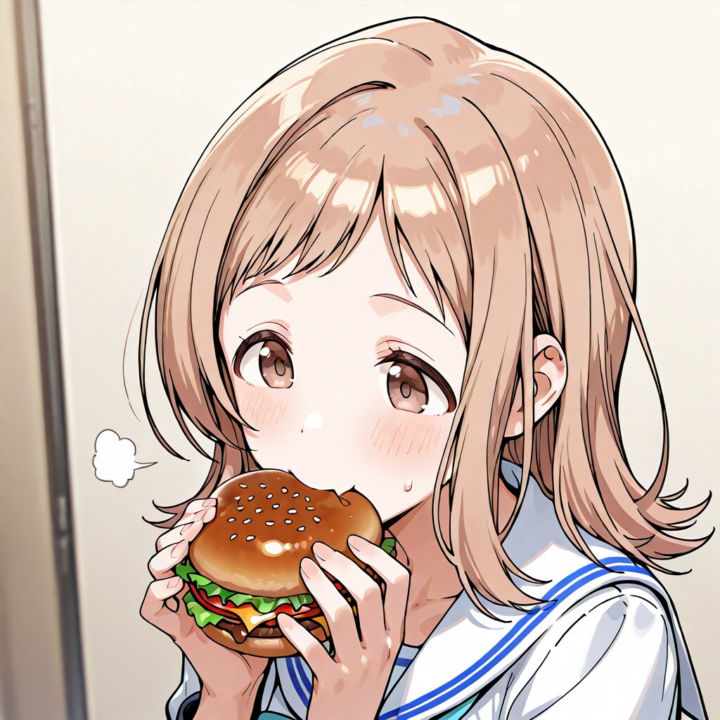 ハンバーガーを食べている櫻木真乃