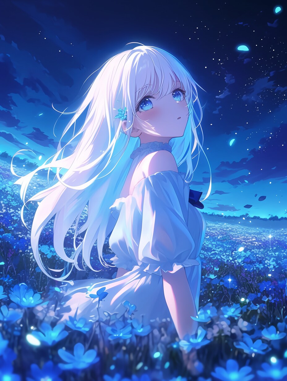 夜空を見上げながらネモフィラ畑にて。