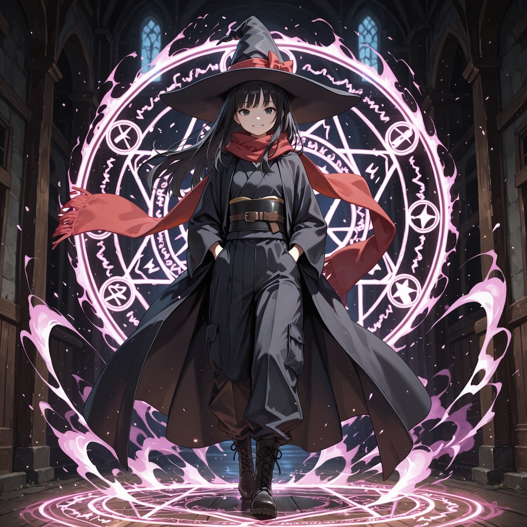 魔法陣を展開しながら颯爽と歩く魔女さん