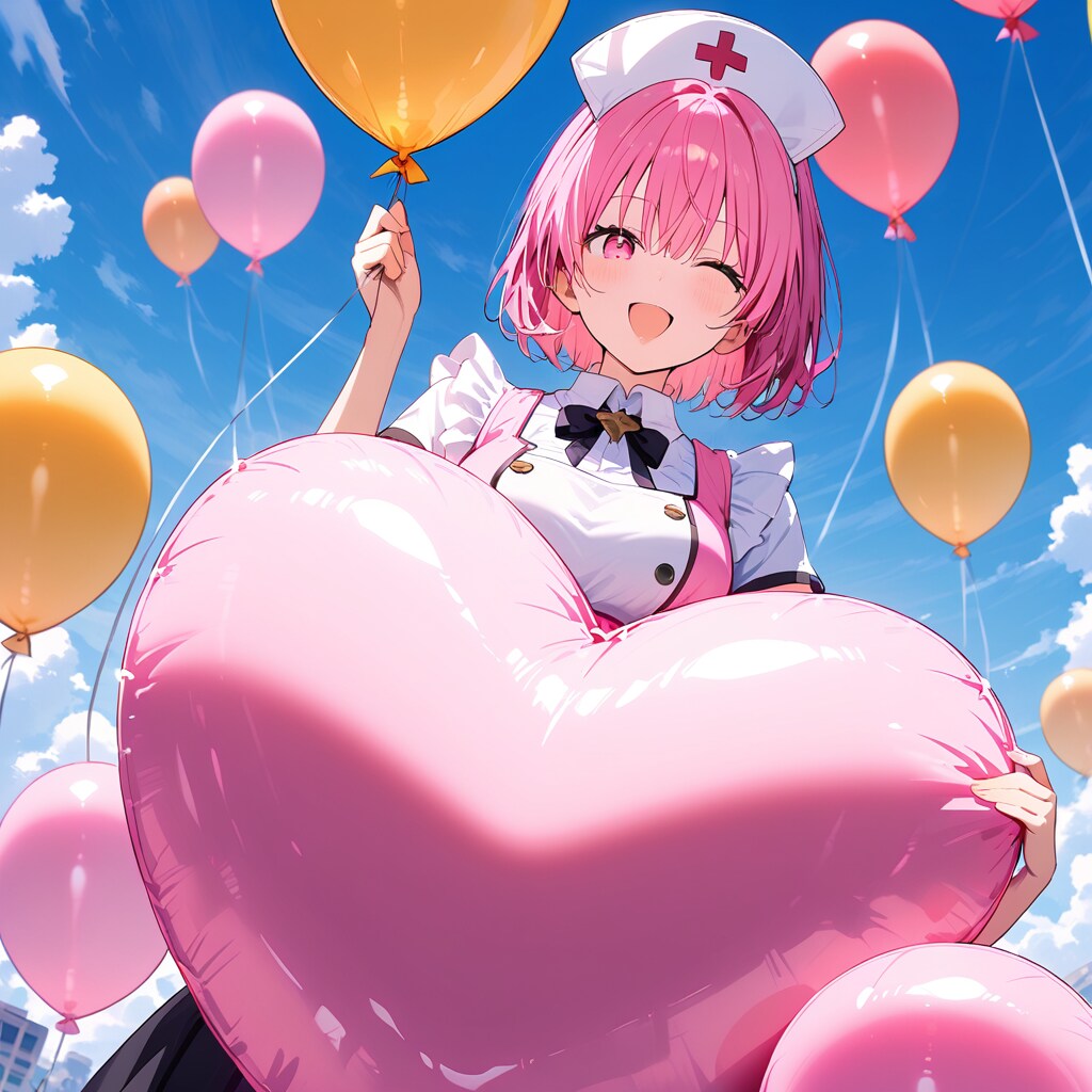 ピンクの巨大ハート風船を持つナース服の美女