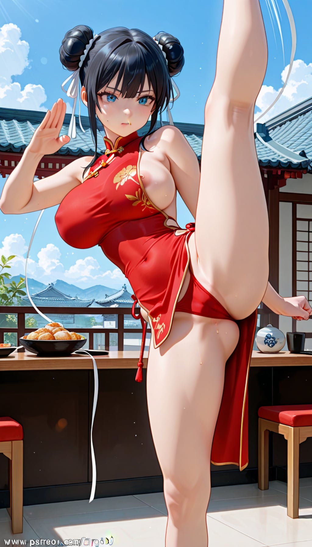 赤チャイナさん格闘でポロリ