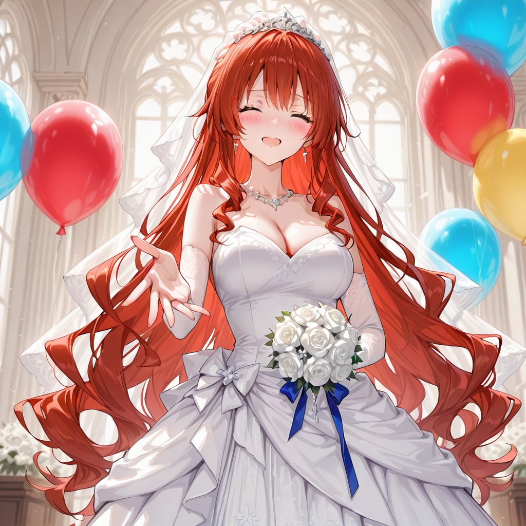 いっぱい色とりどりの風船を持つ赤い髪ロングウェーブヘアのウェディングドレス着た美女