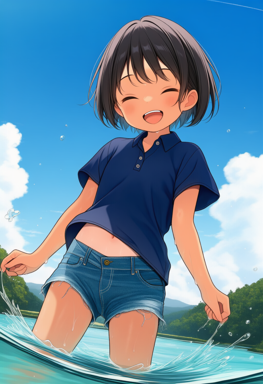 川遊びする日焼けボーイッシュちゃん_0723