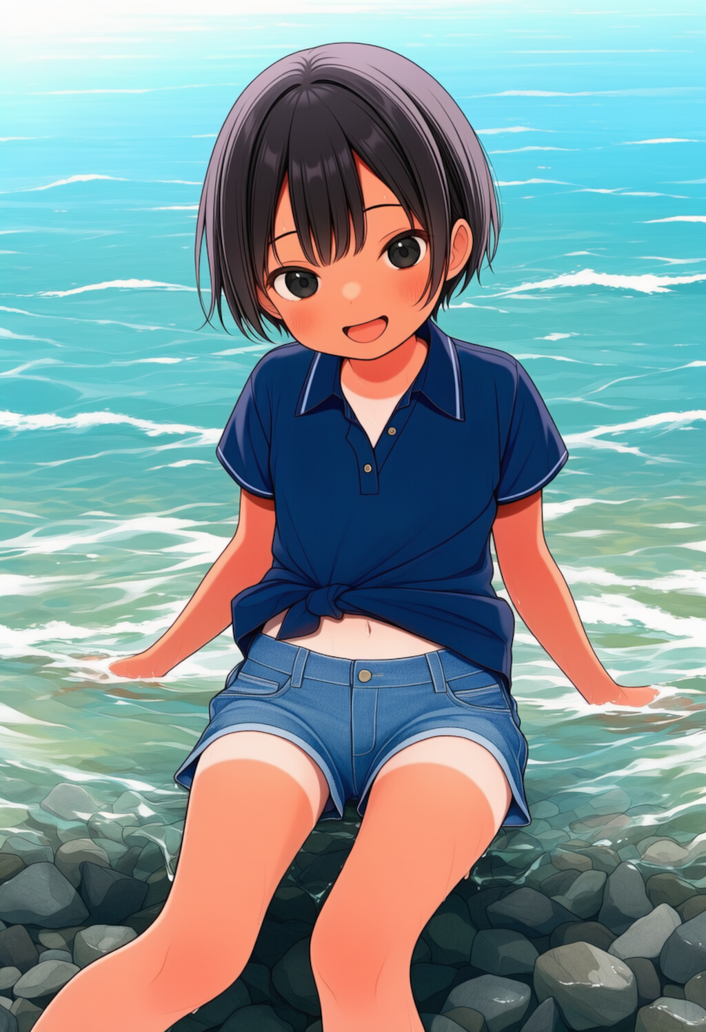 川遊びする日焼けボーイッシュちゃん_0723
