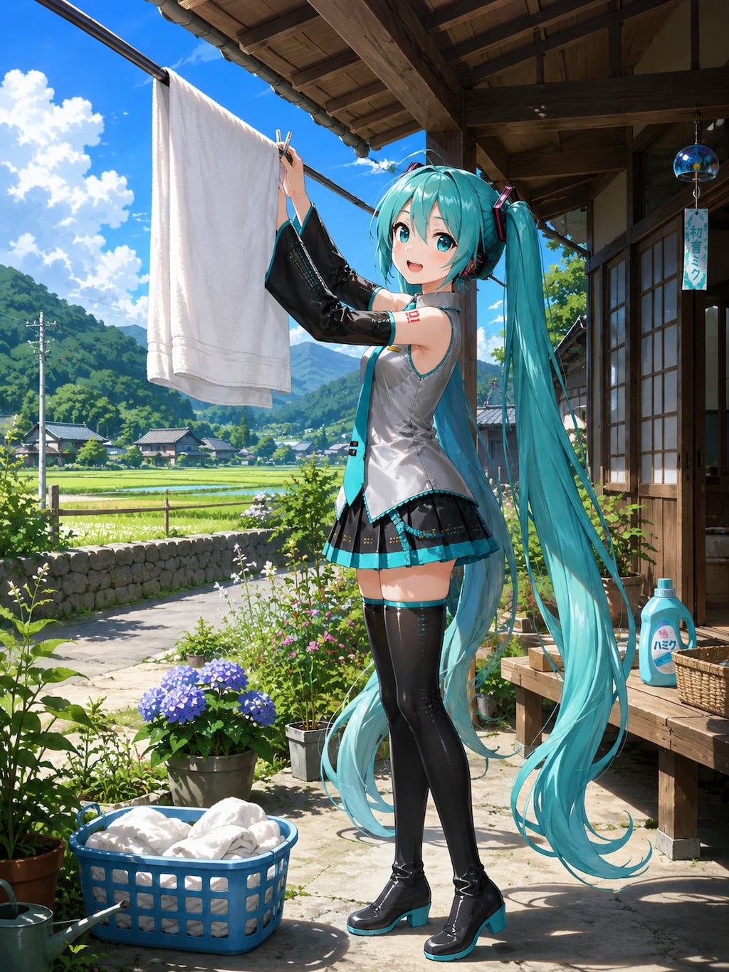 洗濯物を干すミクさん