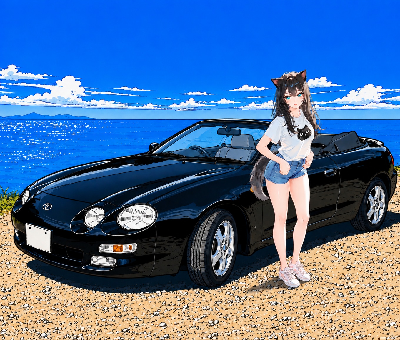 ねこドライブ　海辺でポーズ📷️😹
