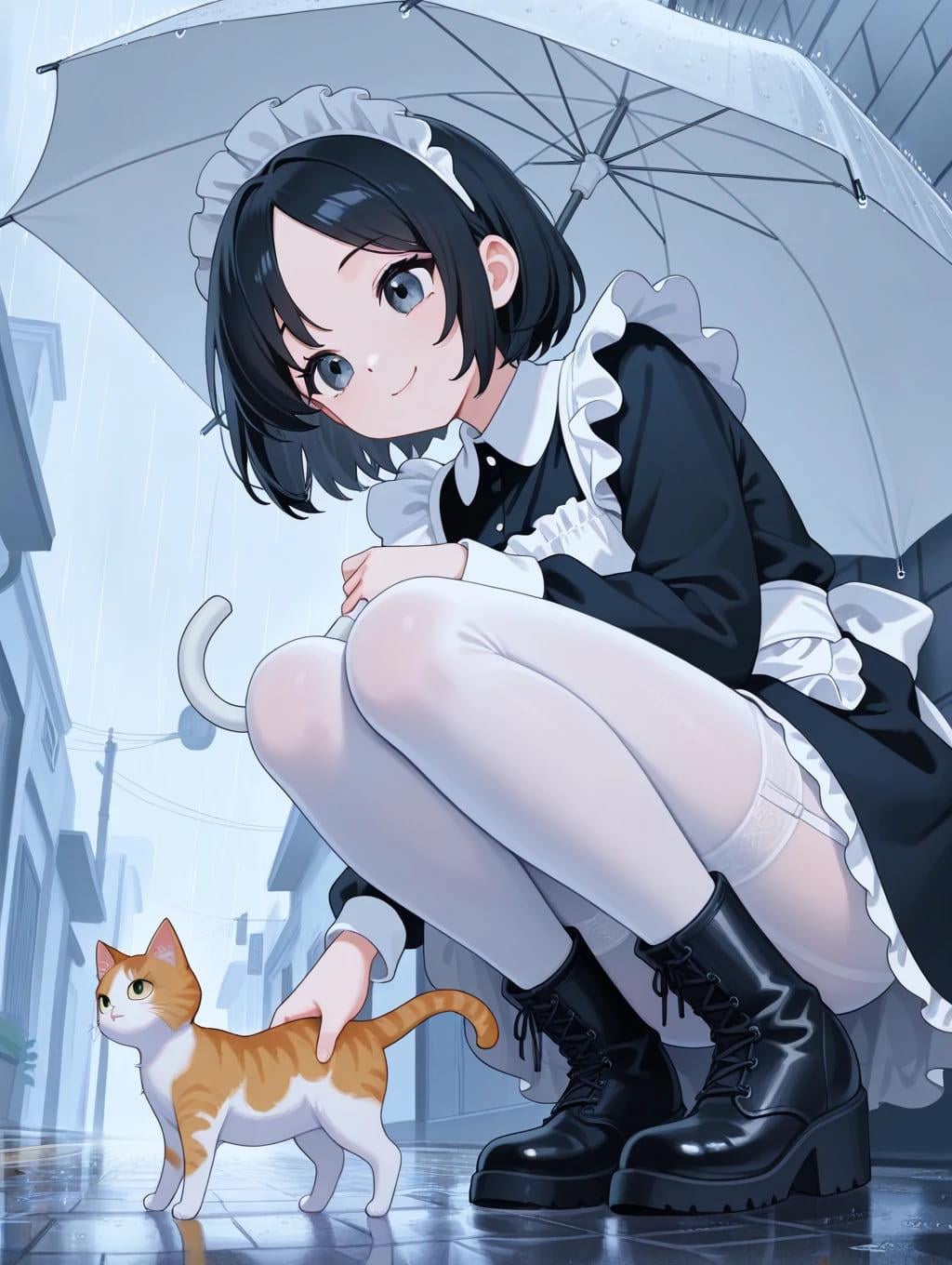 雨の日のメイドと猫