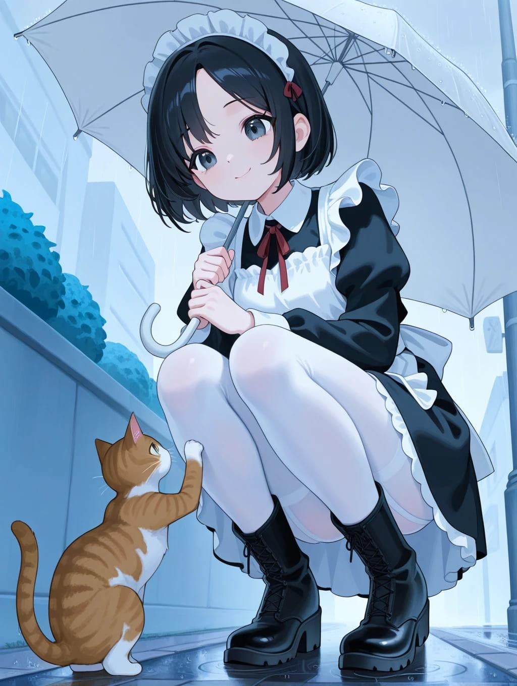 雨の日のメイドと猫
