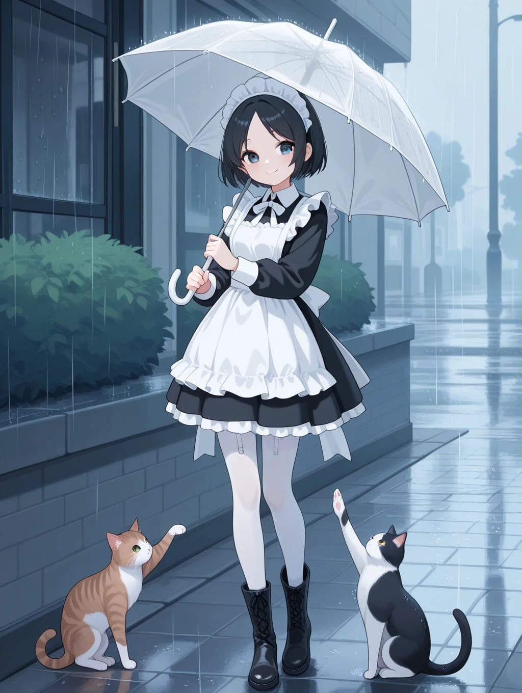 雨の日のメイドと猫