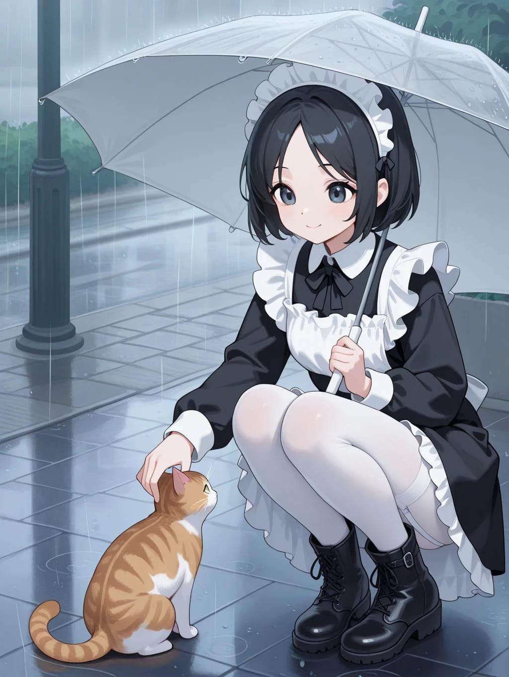 雨の日のメイドと猫