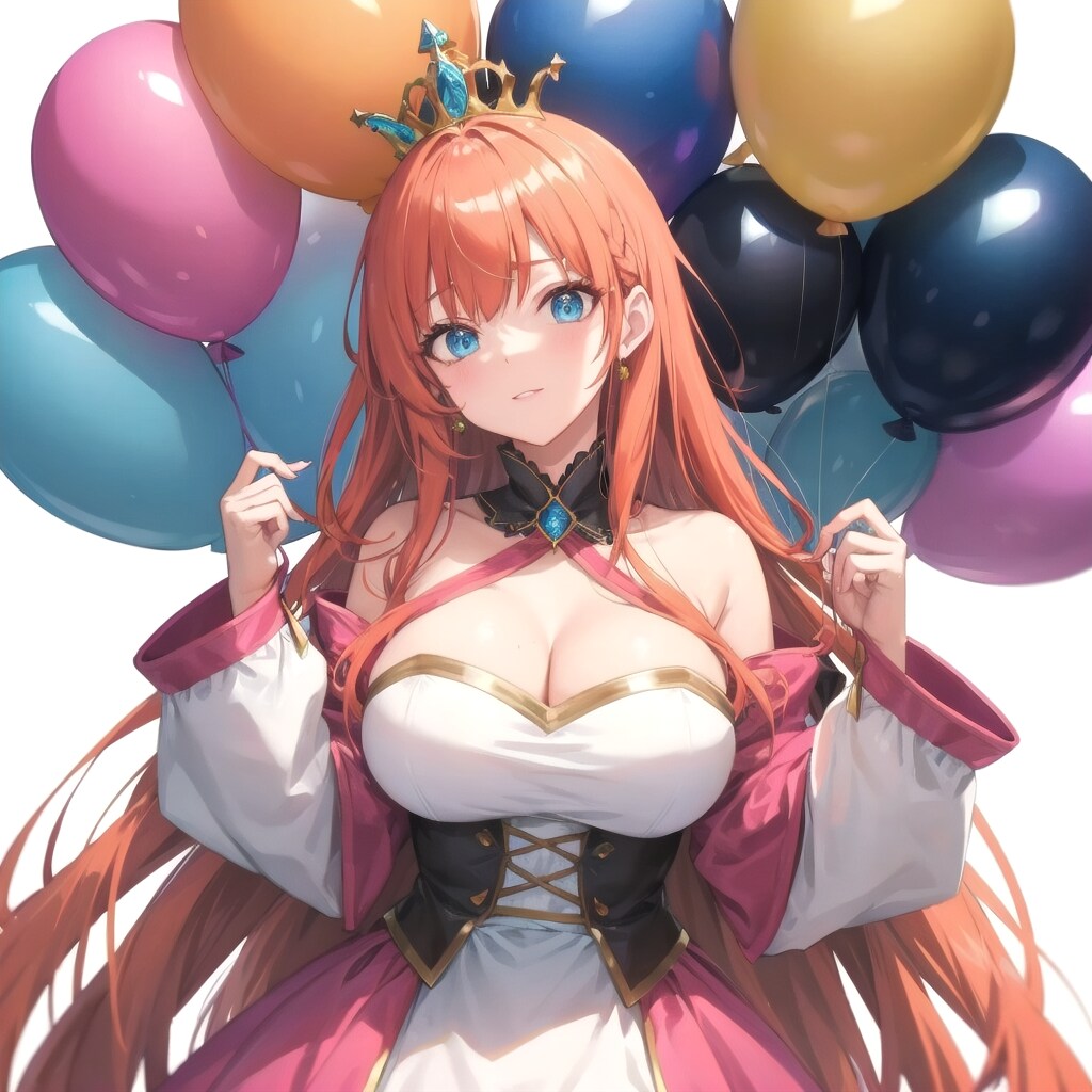 いっぱい色とりどりの風船を持つオレンジ髪ロングのお姫様