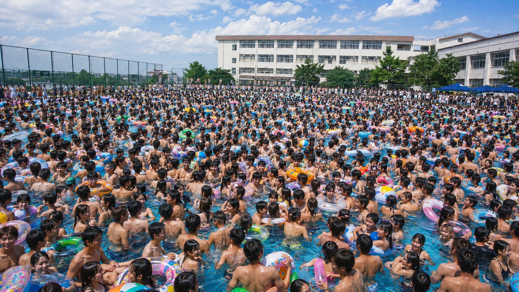 プールはまさに芋の子を洗うような大混雑