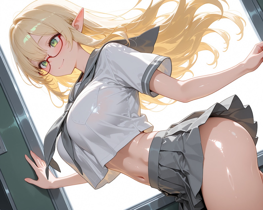 金髪エルフさん♪…カラフル制服ヘソ出し♡
